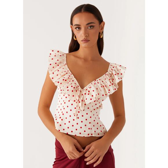 NEW Peppermayo Regan White Red Polka Dots Ruffle Tie Cutout Blouse Top Size 4 - Picture 5 of 5
